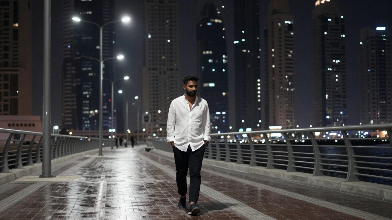 A man walking quietly along Dubai Marina at night under soft streetlights.