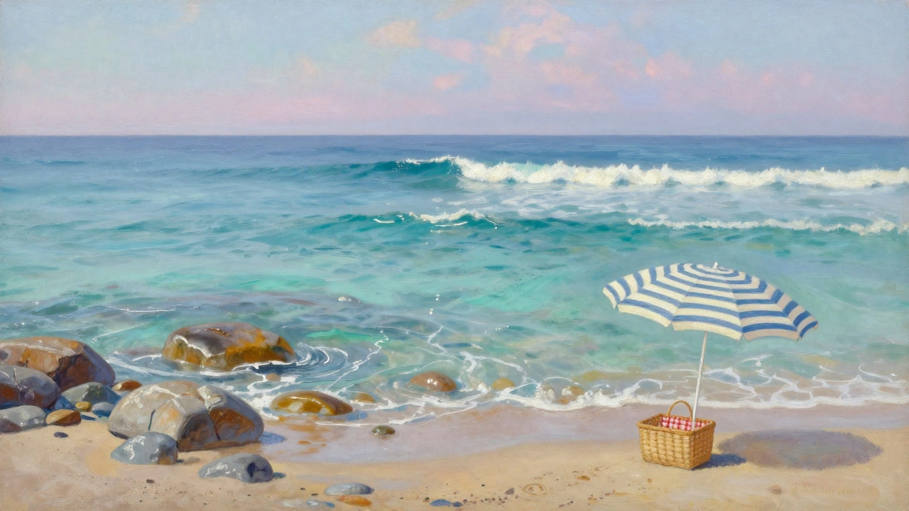 A secluded French beach with striped umbrella and picnic basket, clear water and distant surfers.