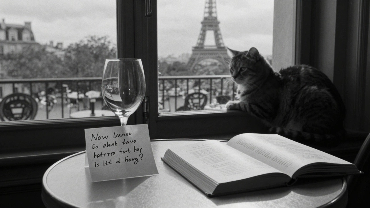 An empty Parisian café table with wine glass, book, and cat by the window, Eiffel Tower in soft focus.